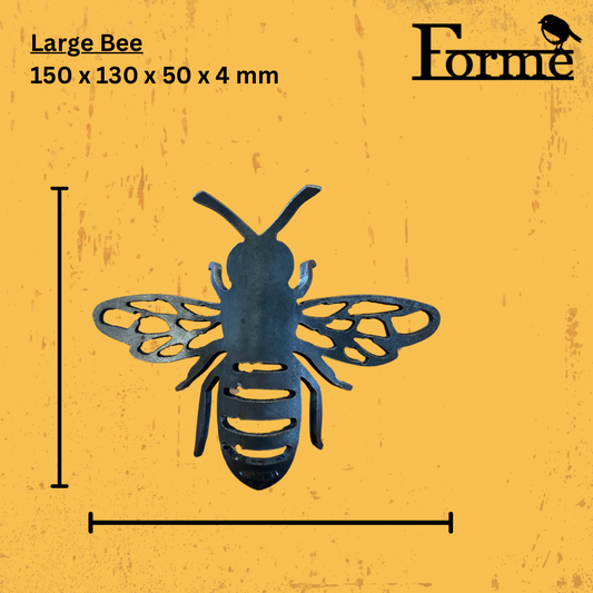 steel bee sculpture on a yellow background with dimensions displayed.