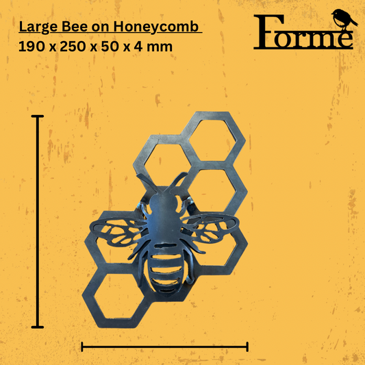Metal bee and honeycomb design on yellow background with dimensions.