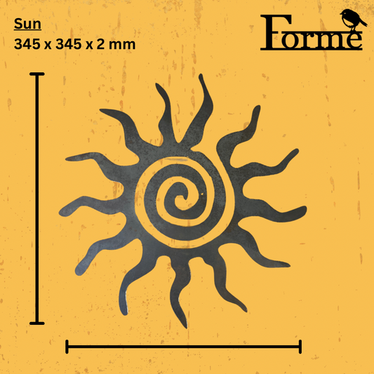 Sun-shaped design with measurements on a yellow background, featuring the brand 'Forme'.