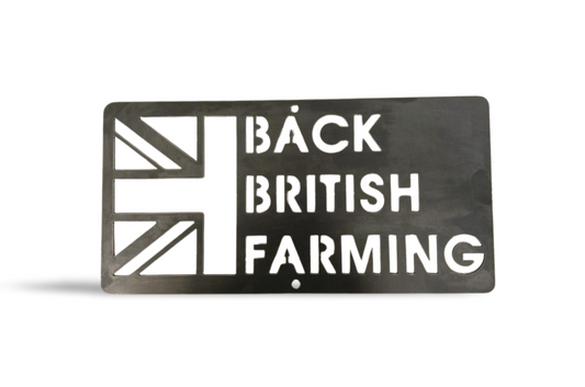 Metal sign with Union Jack and 'Back British Farming' text on a white background