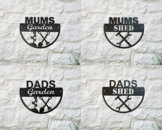 Metal signs with 'Mums Garden', 'Mums Shed', 'Dads Garden', and 'Dads Shed' text on a stone wall background.