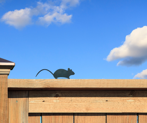 Fence with a small metal mouse on top against a blue sky with clouds