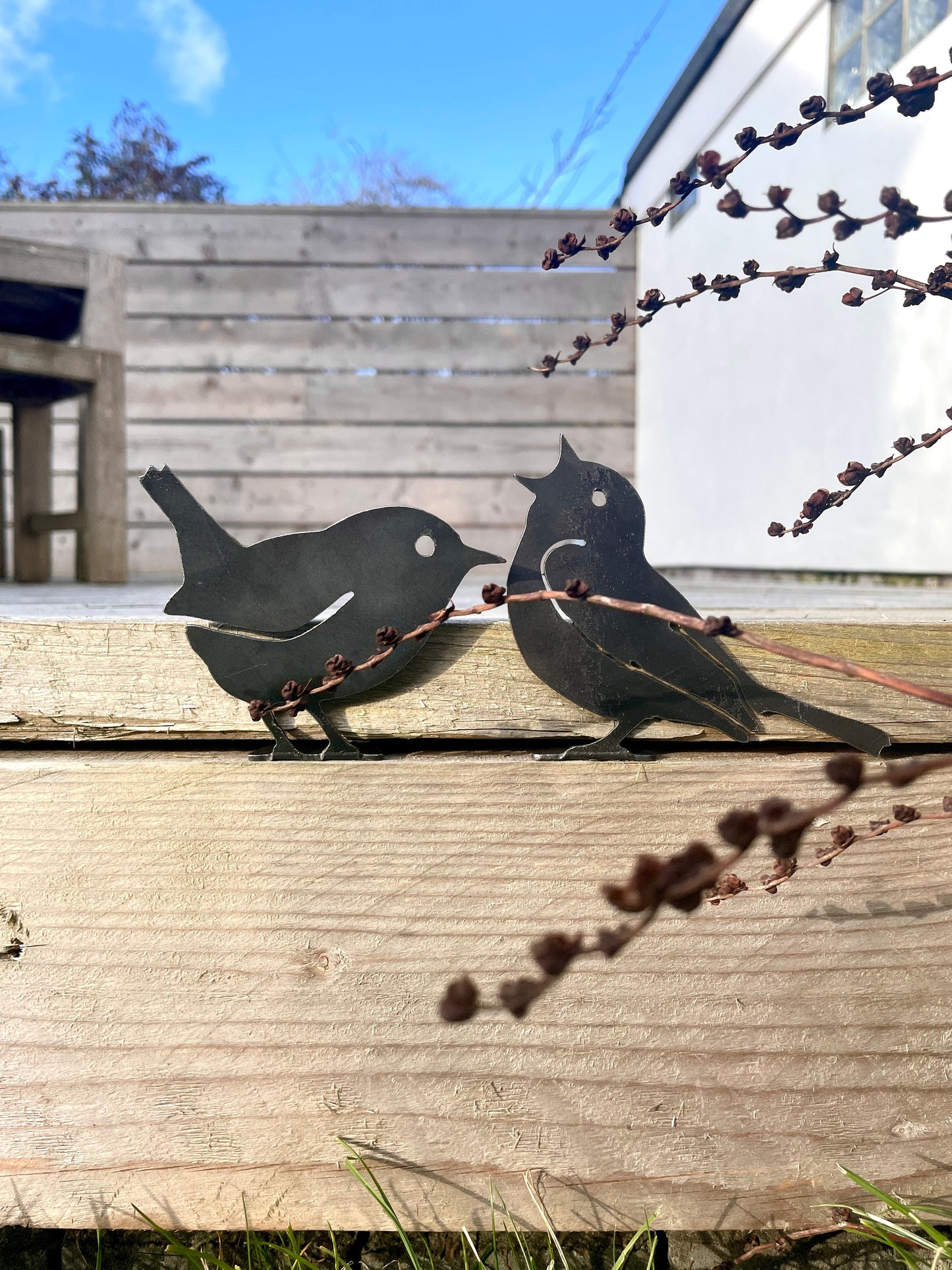 Set Of Two Metal Birds - Jenny The Wren And Paul The Song Thrush - Metal Bird Wall Art Rusty Garden Ornament