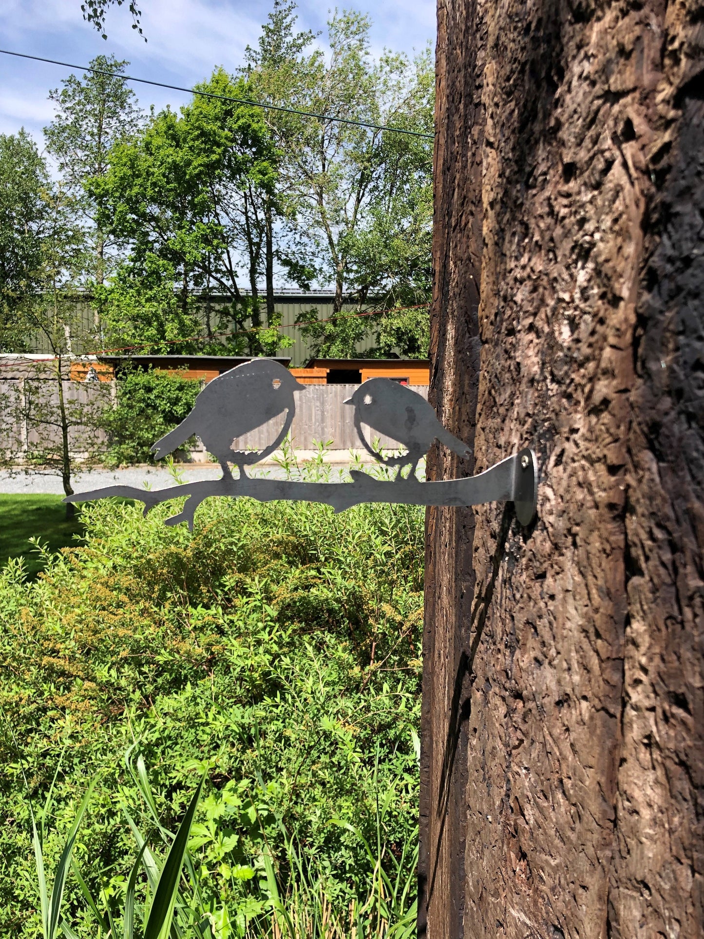 Two Robins on branch - Garden Ornament Rusty Art Metal Birds.