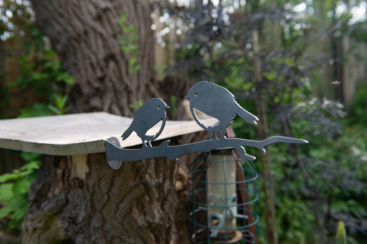 Two Robins on branch - Garden Ornament Rusty Art Metal Birds.