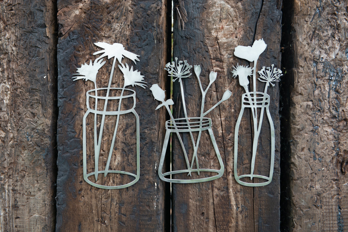 Steel Flower Jars . Three designs . Valentines Day . 11th anniversary . Gift Set. Floral . Birthday Present . Mothers Day
