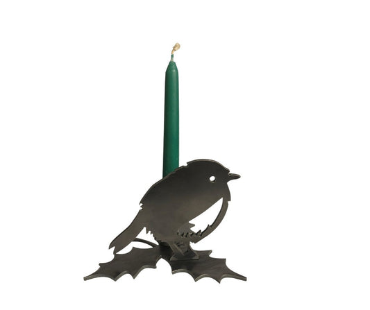 Robin candle holder with a green candle on a white background