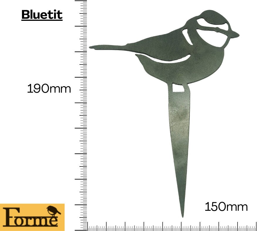 Blue Tit Pot Spike with dimensions and Forme Logo