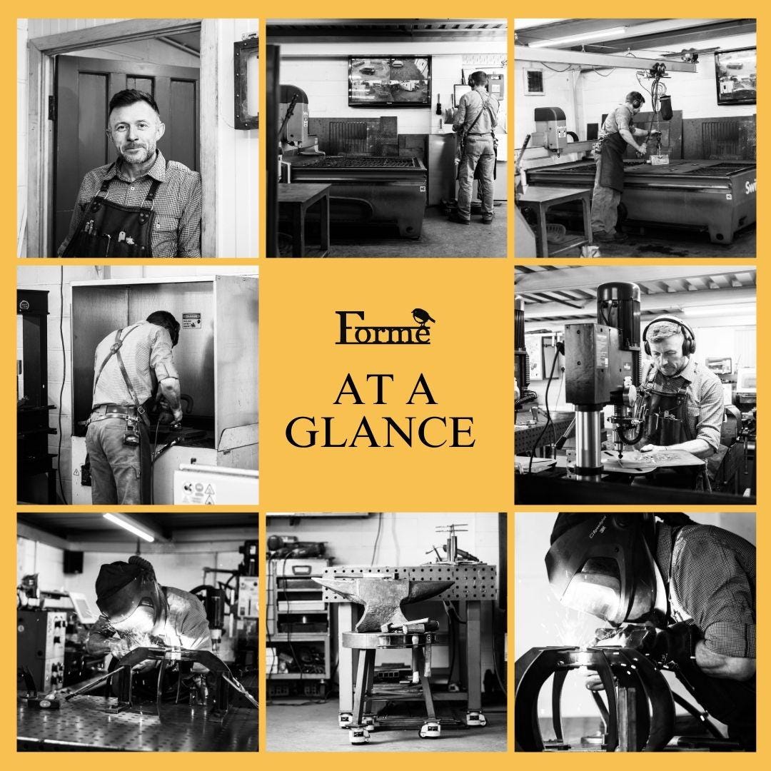 Collage of photos of Tim at work in the workshop, making various items and using different machines. With the Forme Logo in the middle and TEXT 'AT A GLANCE'