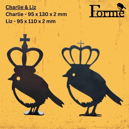 dimensions of metal royal robin birds wearing crowns for home or garden decoration on yellow background