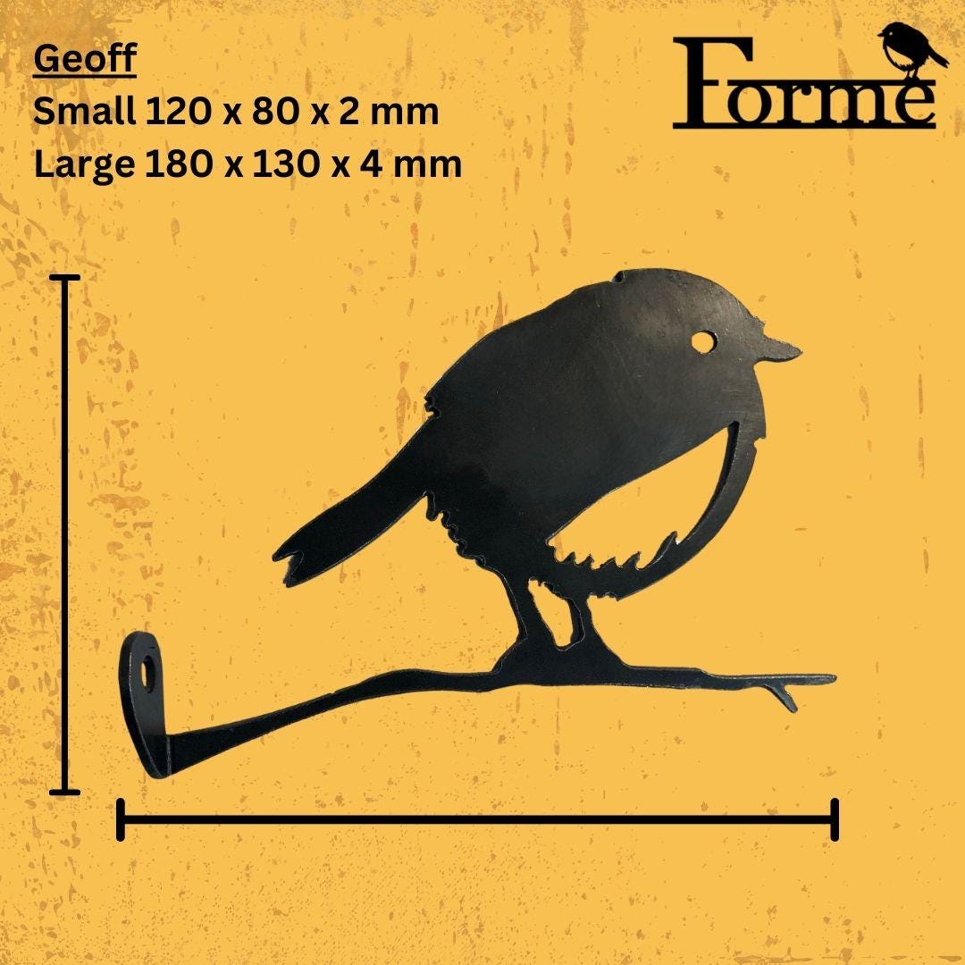 dimensions of metal robin bird on a branch for home or garden decoration on yellow background
