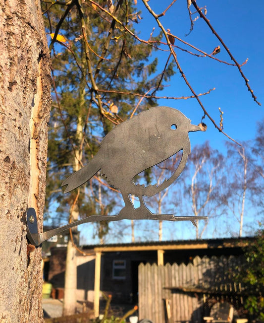 Steel Robin Garden Ornament fixed to a tree