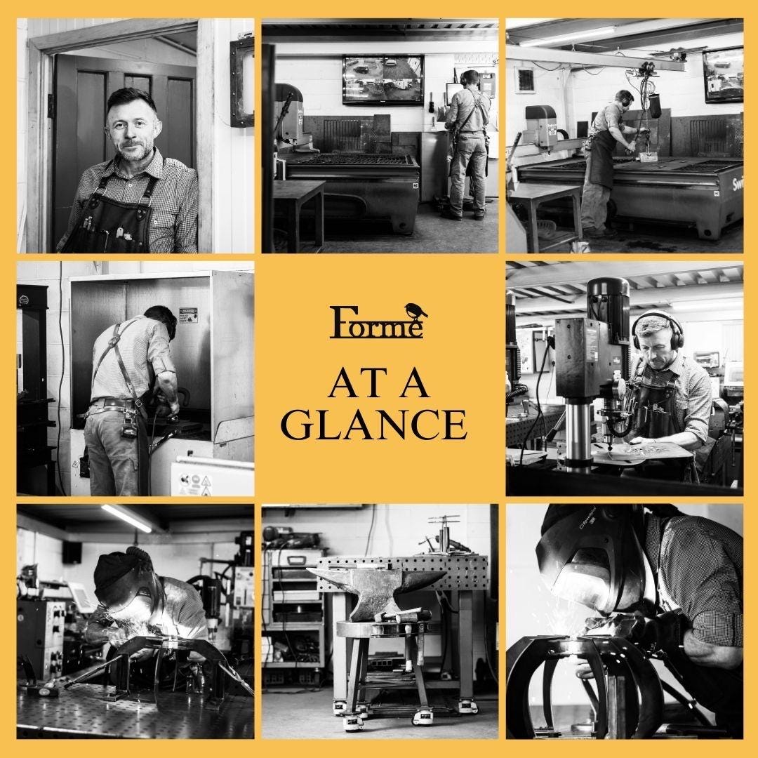 Collage of photos of Tim at work in the workshop, making various items and using different machines. With the Forme Logo in the middle and TEXT 'AT A GLANCE'