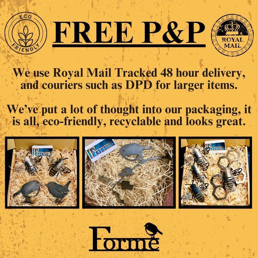 Image showing photos of products in eco-friendly packaging. Detailing use of Royal Mail Tracked 48, and other couriers such as DPD.