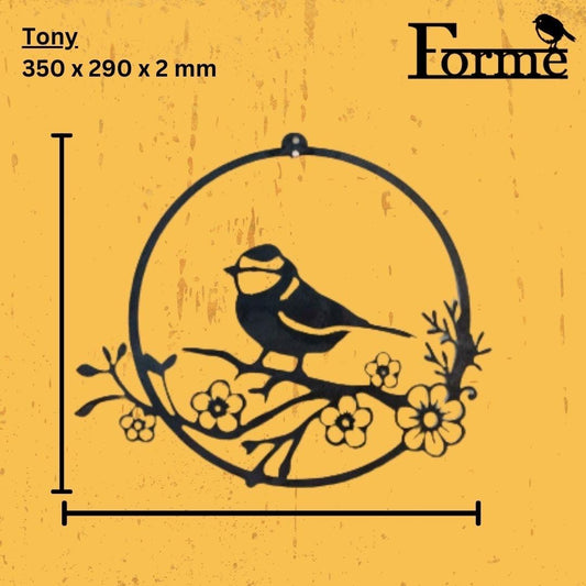dimensions of metal blue tit bird sat on a branch with flowers on in a circle garden decoration on yellow background