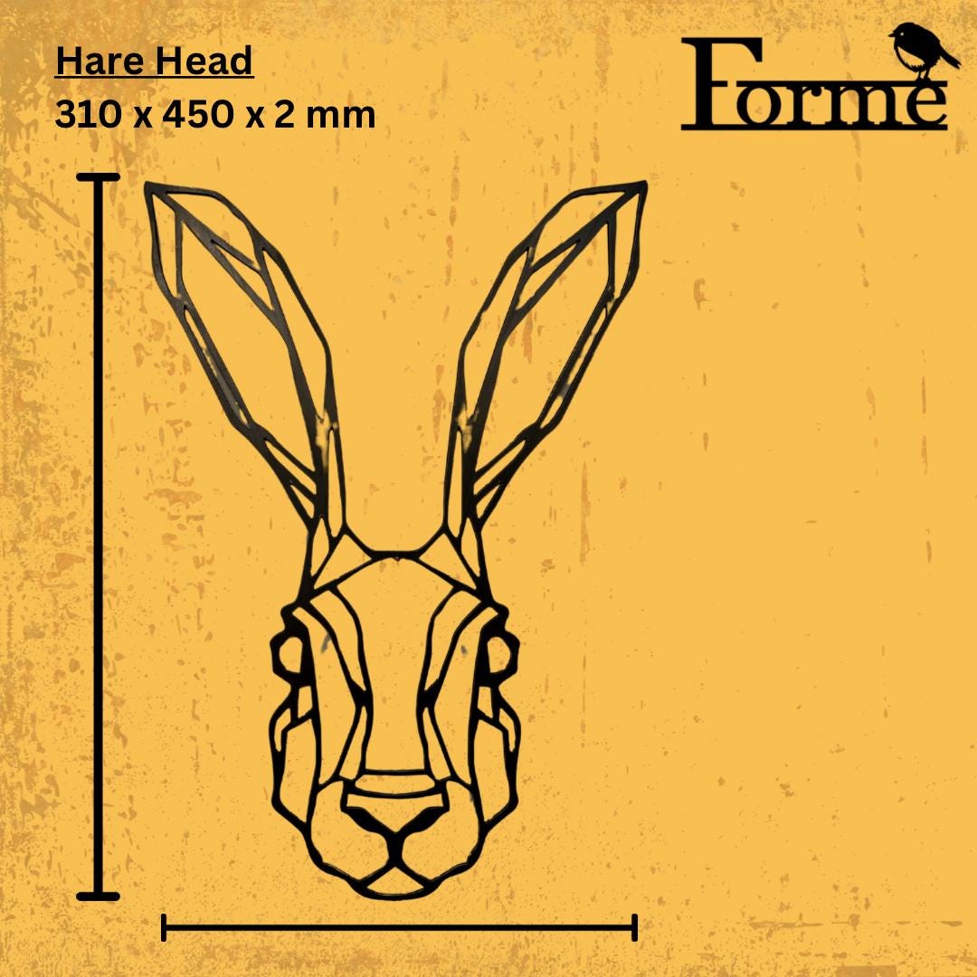dimensions of metal geometric hare head for home and garden decoration on yellow background