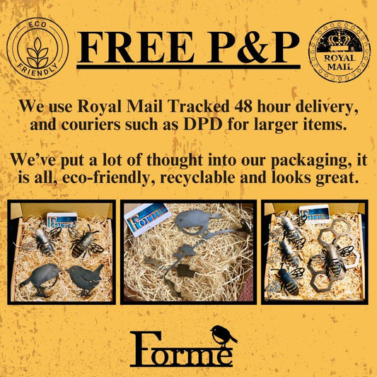 Image showing photos of products in eco-friendly packaging. Detailing use of Royal Mail Tracked 48, and other couriers such as DPD.