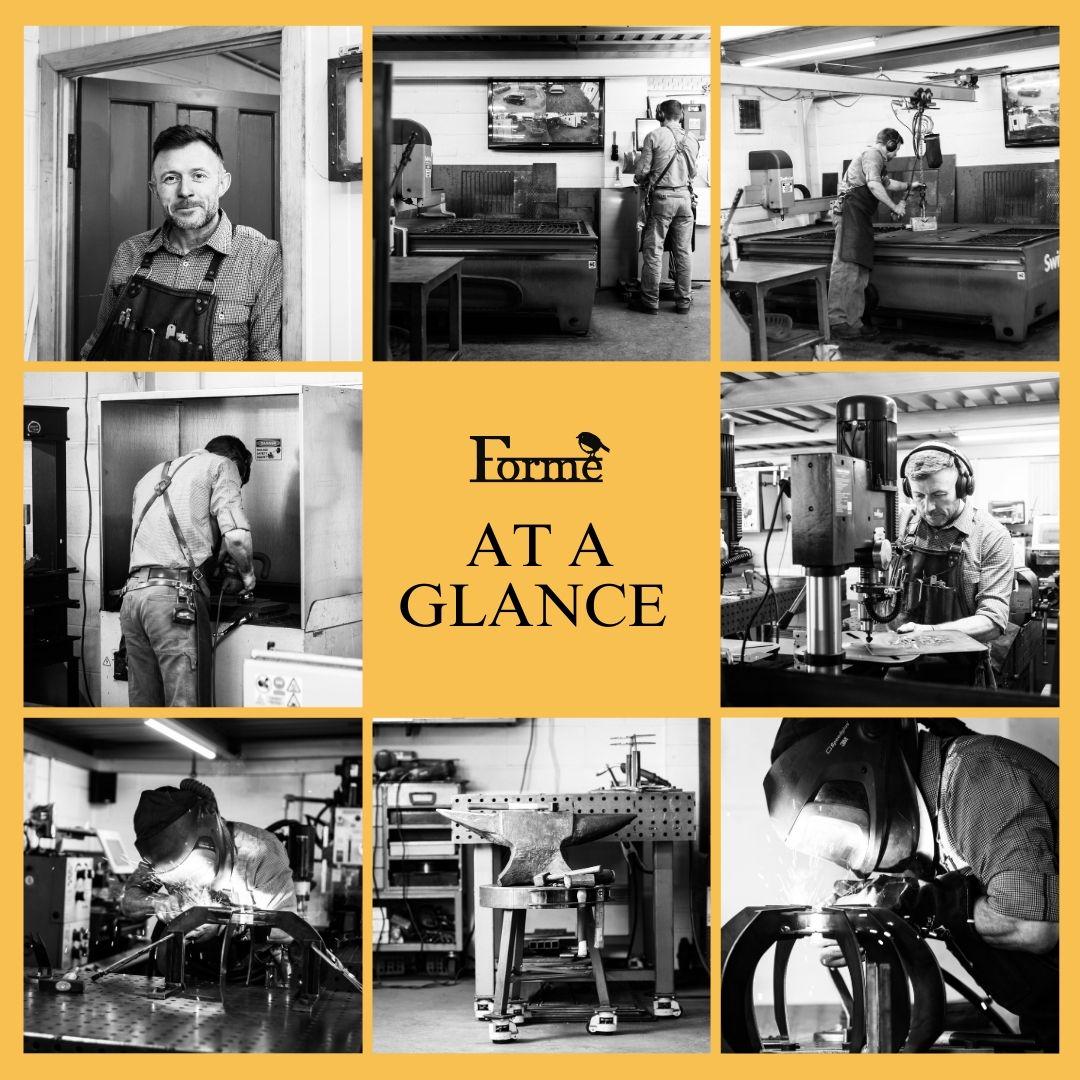 Collage of photos of Tim at work in the workshop, making various items and using different machines. With the Forme Logo in the middle and TEXT 'AT A GLANCE'