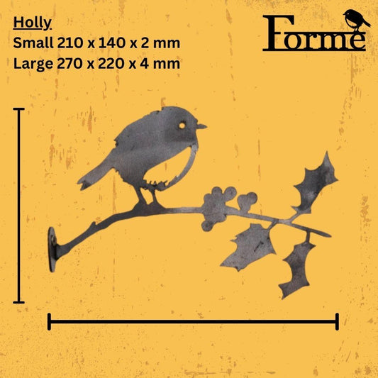 dimension of metal robin on a holly branch home or garden decoration on yellow background