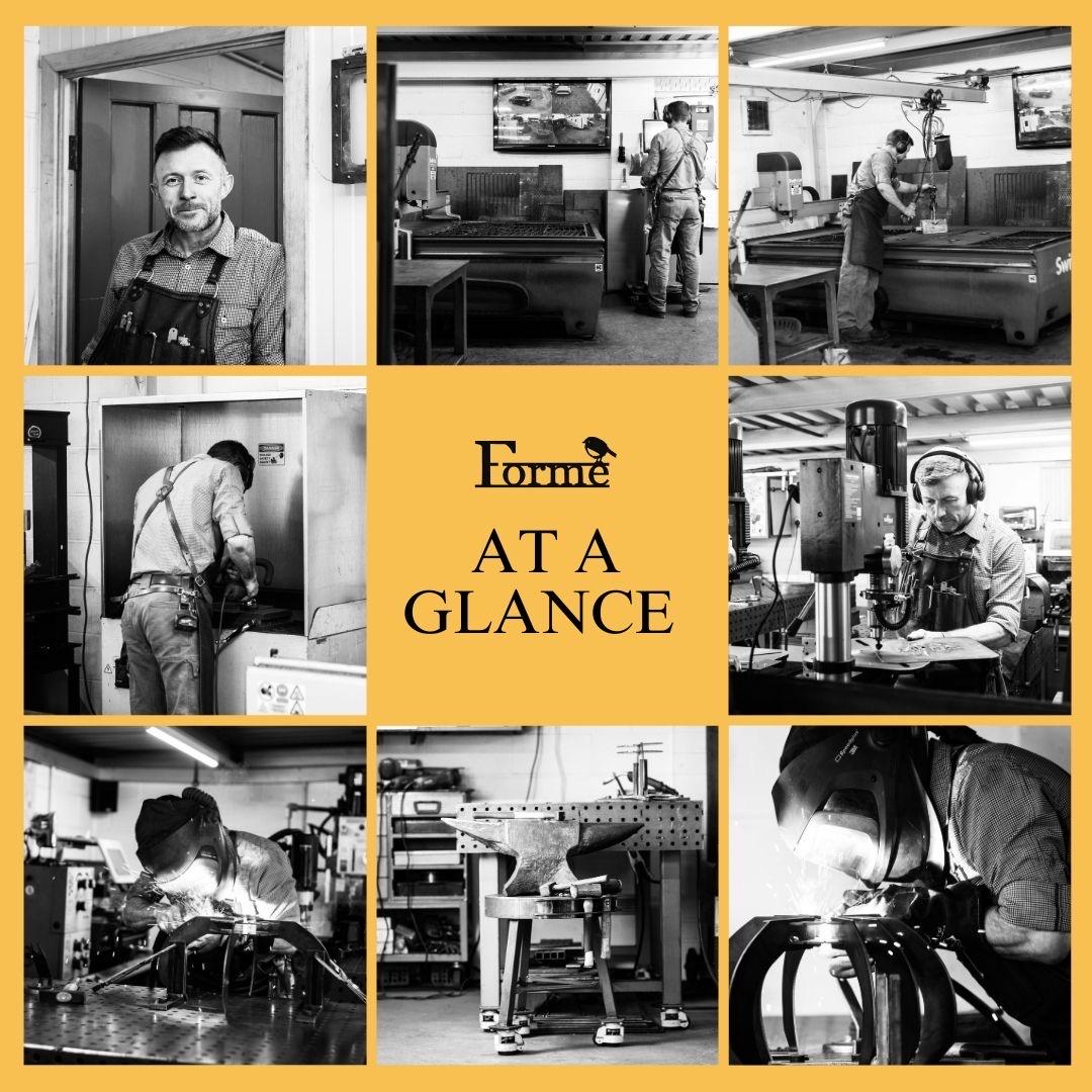 Collage of photos of Tim at work in the workshop, making various items and using different machines. With the Forme Logo in the middle and TEXT 'AT A GLANCE'
