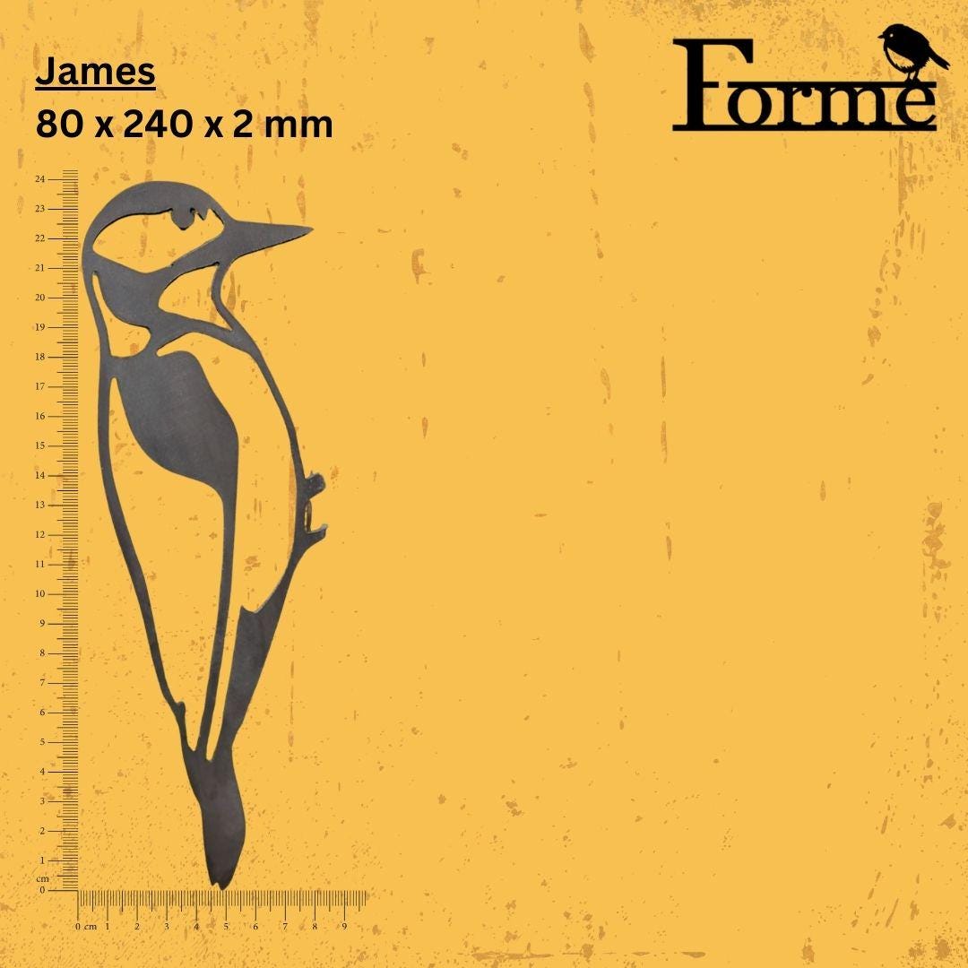 dimension of metal woodpecker garden decoration on yellow background