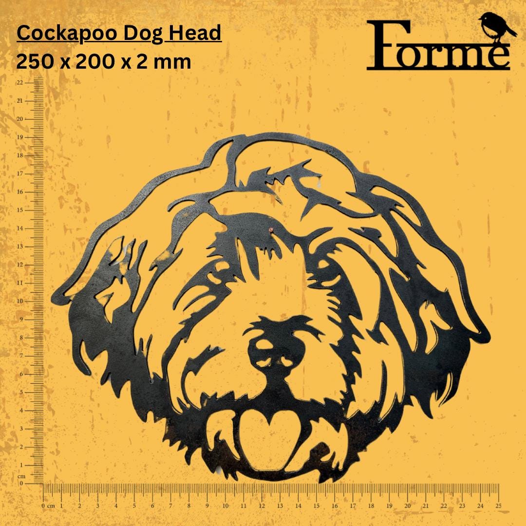 dimensions of metal Cockapoo dog head garden decoration on yellow background