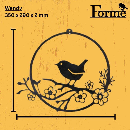dimensions of metal wren bird sat on a branch with flowers on in a circle garden decoration on yellow background