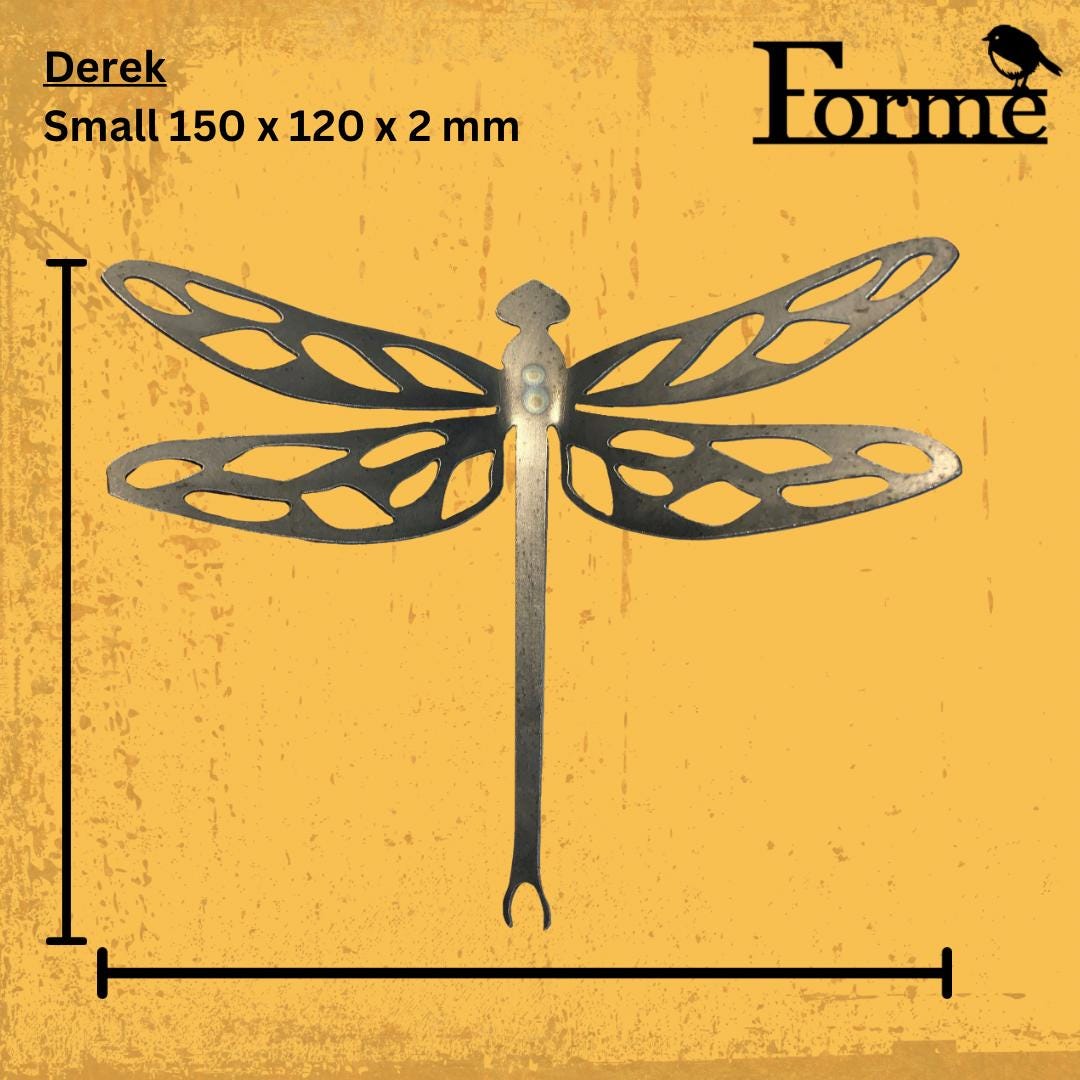 dimensions of metal dragon fly for home and garden decoration on yellow background
