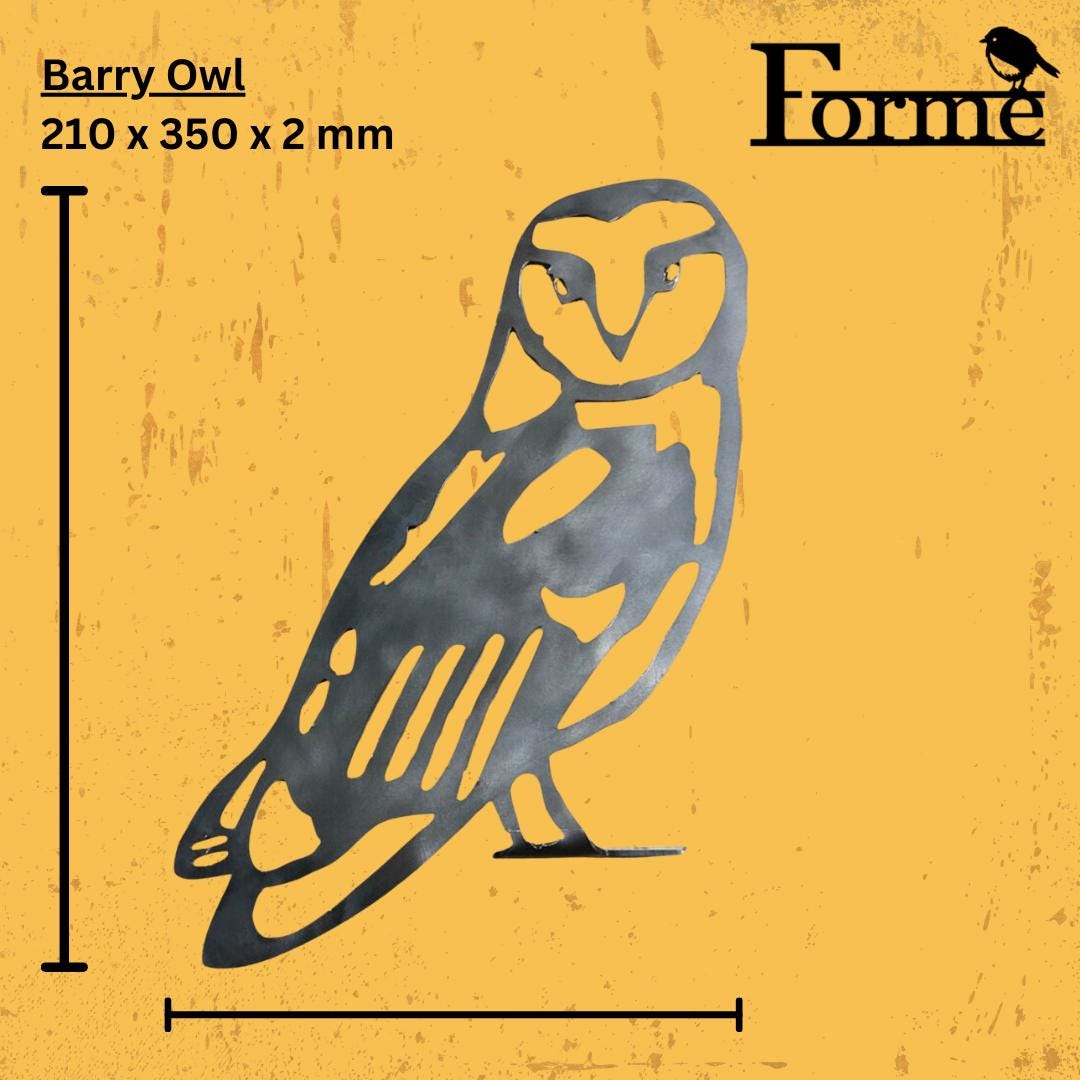 dimension of metal owl garden decoration on yellow background