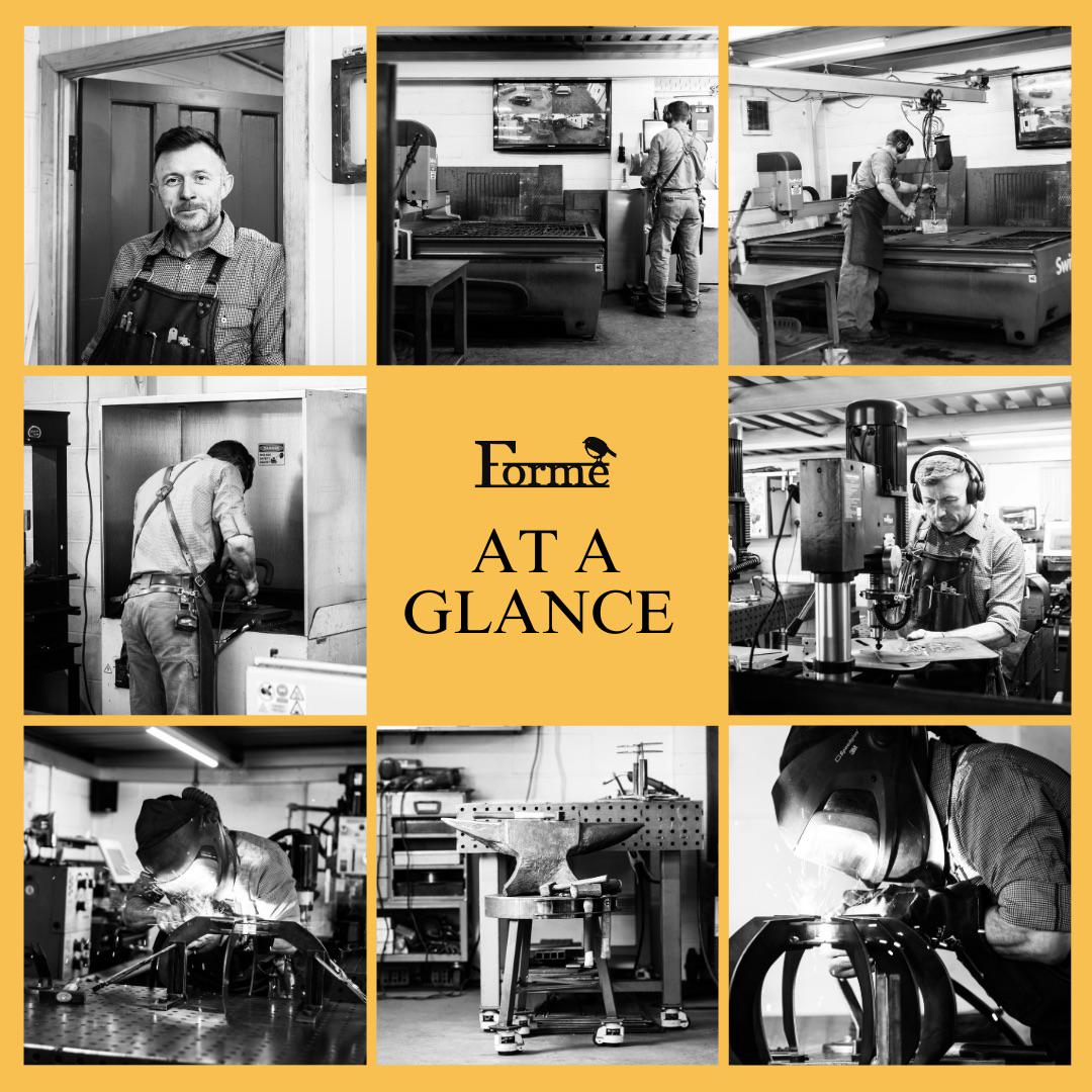 Collage of photos of Tim at work in the workshop, making various items and using different machines. With the Forme Logo in the middle and TEXT 'AT A GLANCE'