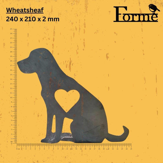 Dimensions of metal Labrador with heart cut out on a yellow background