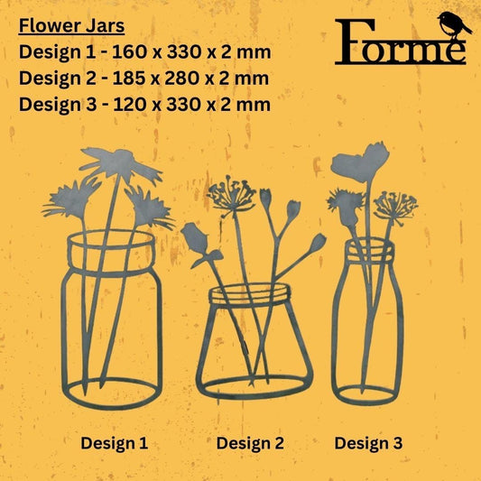 dimensions of metal flowers in jars. three designs. For Home and garden decoration on yellow background