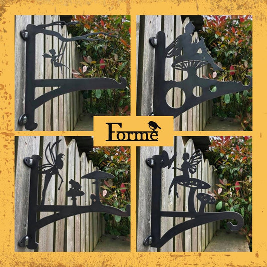 Collage of photos showing various fairy related hanging basket brackets with the Forme Logo in the middle.