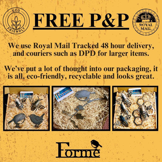 Image showing photos of products in eco-friendly packaging. Detailing use of Royal Mail Tracked 48, and other couriers such as DPD.