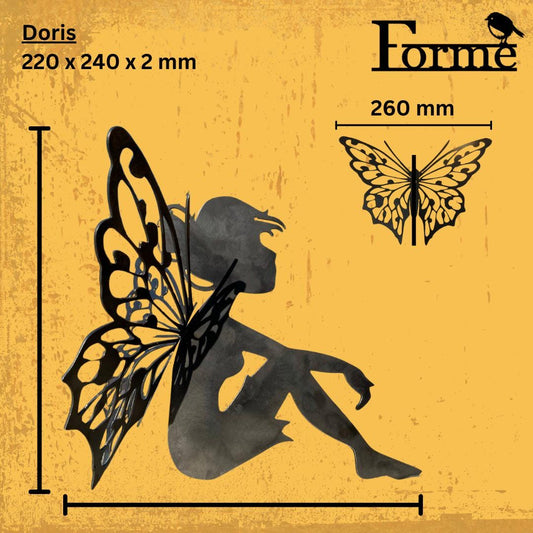 dimensions of metal Fairy with butterfly wings, garden decoration on yellow background
