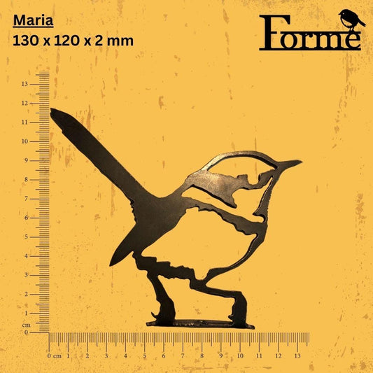 dimensions of metal European wren bird garden decoration on yellow background