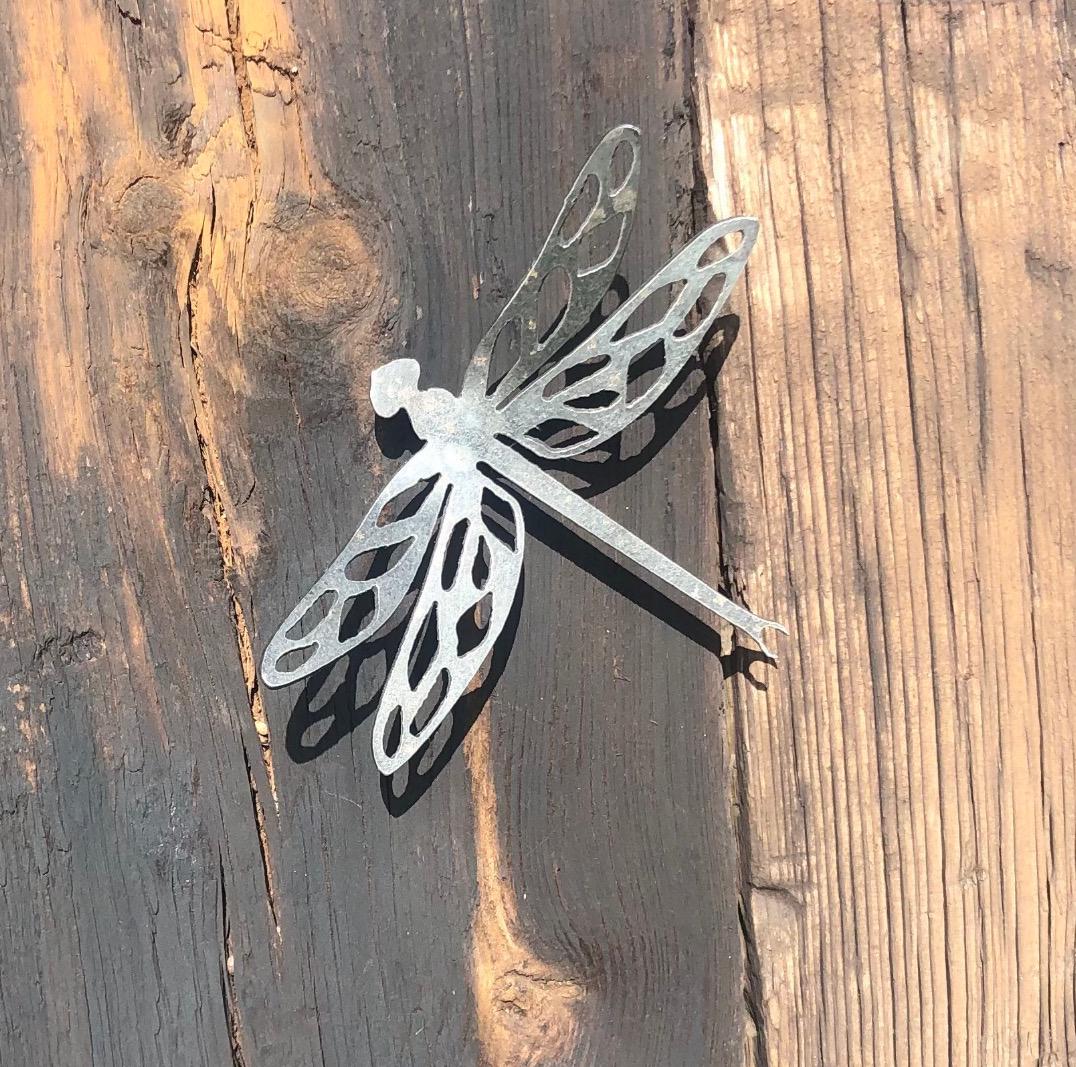 Steel dragonfly mounted on a wooden background