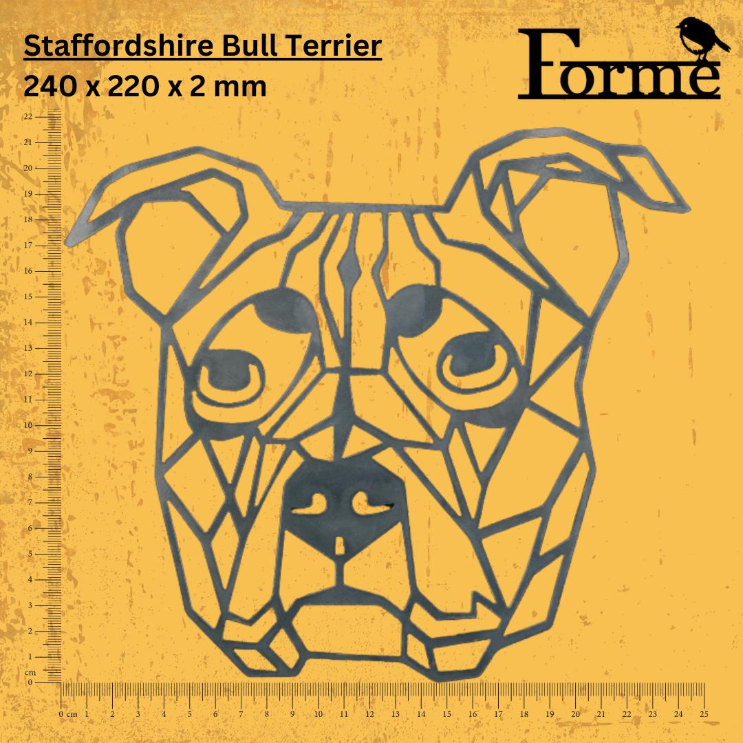 dimensions of metal Staffordshire Bull Terrier Dog Head garden decoration on yellow background