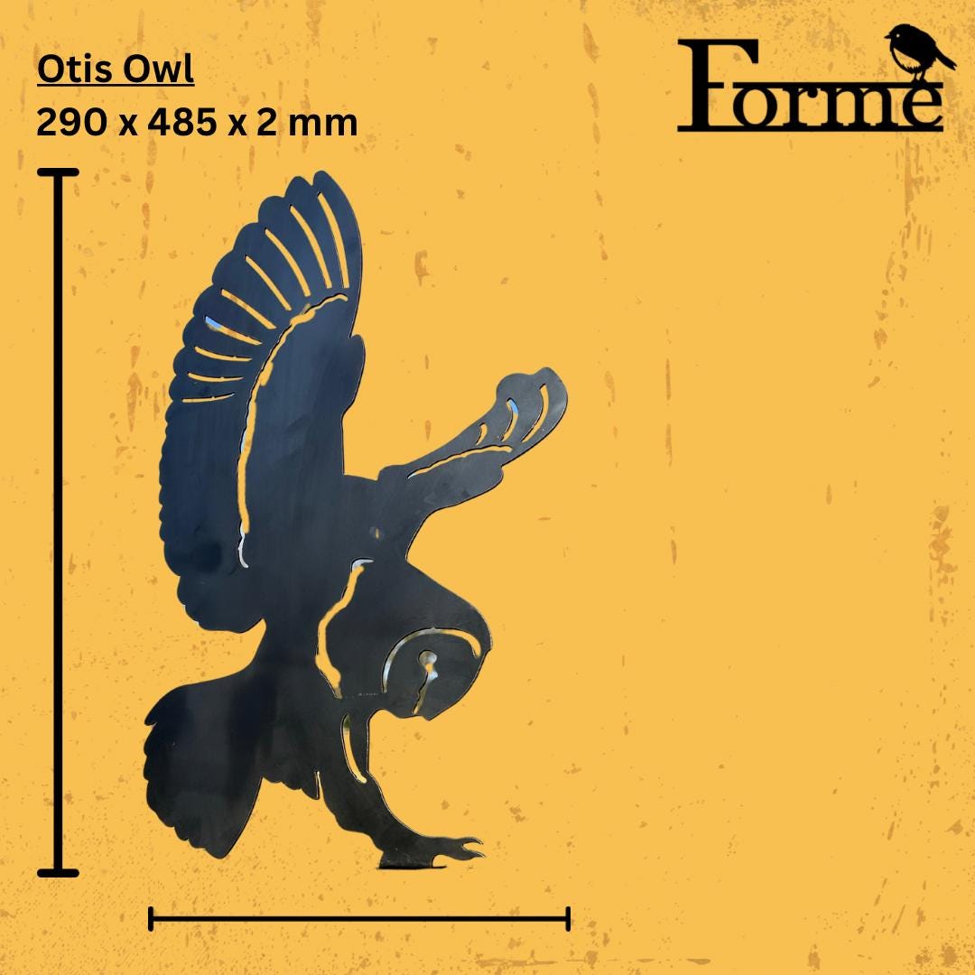dimension of metal owl garden decoration on yellow back ground