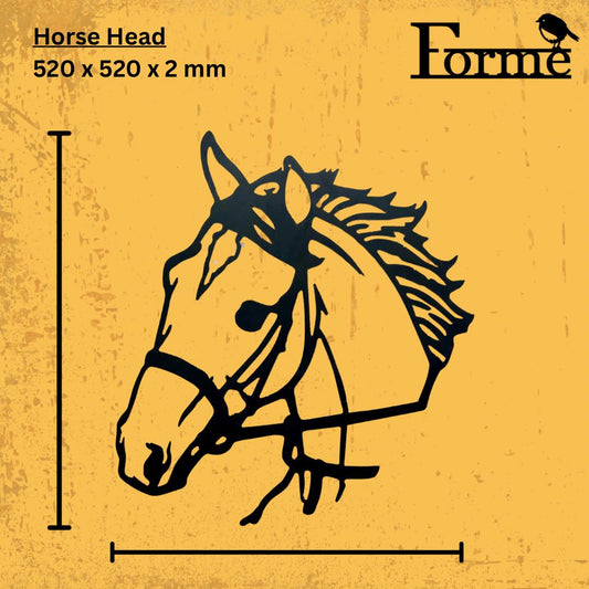 dimensions of metal horses head wearing a bridle for home and garden decoration on yellow background