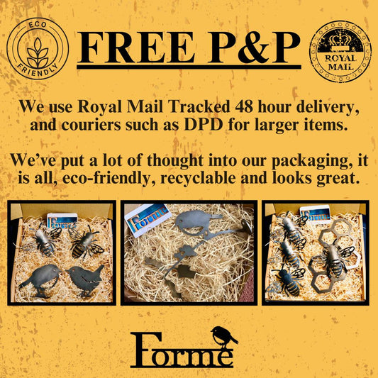 Image showing photos of products in eco-friendly packaging. Detailing use of Royal Mail Tracked 48, and other couriers such as DPD.