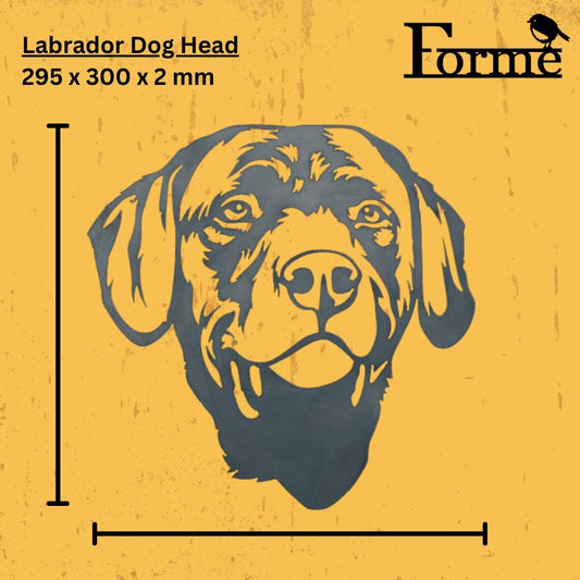dimension of metal labrador head, home or garden decoration on yellow background