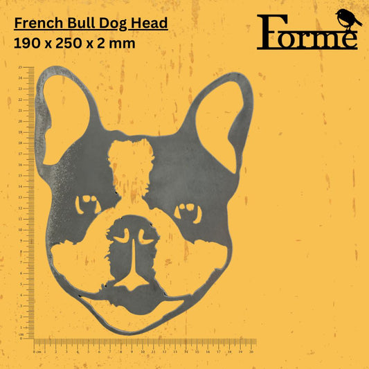 dimension of metal French bulldog head, home or garden decoration on yellow background