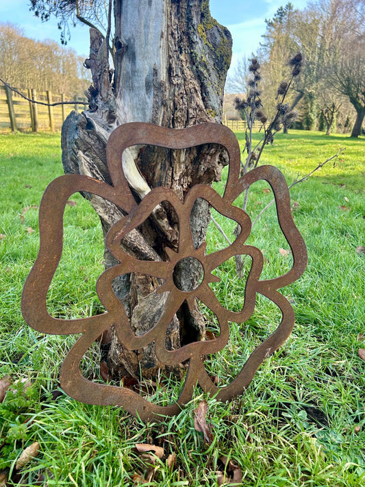 Large rusty Yorkshire Rose resting against a tree in a large garden