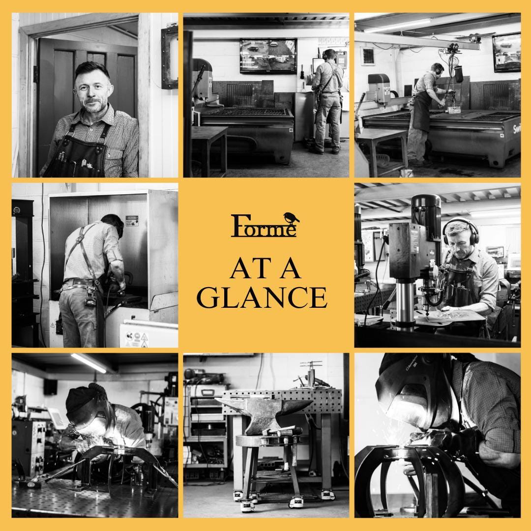 Collage of photos of Tim at work in the workshop, making various items and using different machines. With the Forme Logo in the middle and TEXT 'AT A GLANCE'