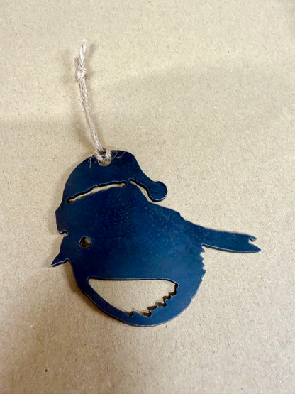 Steel Robin Christmas decoration with string attached for hanging.