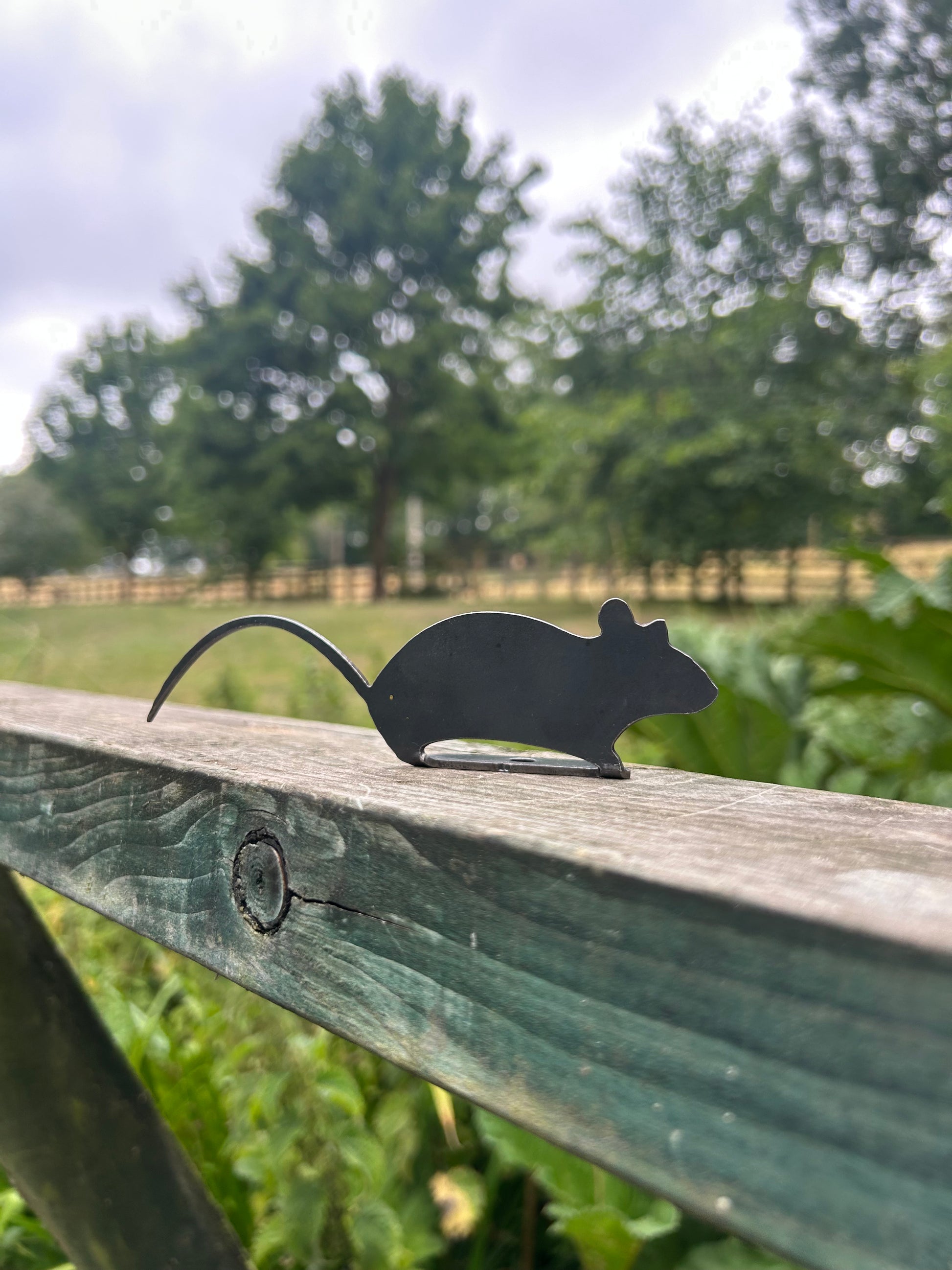 Black mouse silhouette on a wooden railing with a green field and trees in the background
