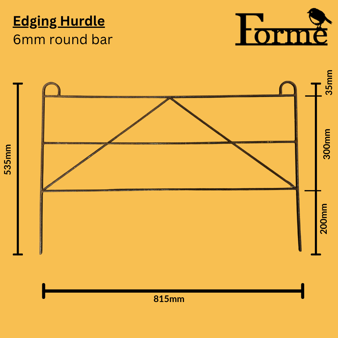 Diagram of an edging hurdle with dimensions on a yellow background, featuring the brand 'Forme'.