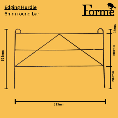 Diagram of an edging hurdle with dimensions on a yellow background, featuring the brand 'Forme'.