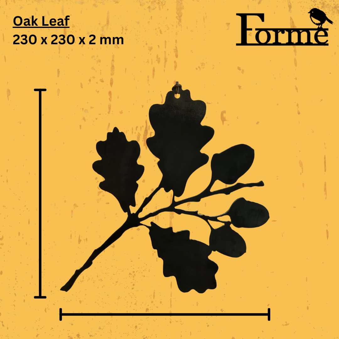 Black oak leaf design and dimensions on a yellow background with 'Forme' branding.